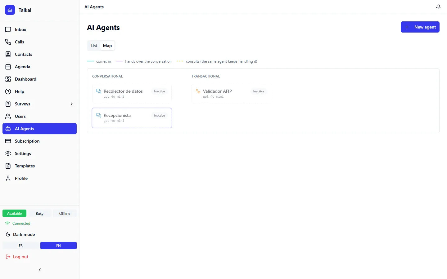 AI agent flow map showing the agents of the sample account.