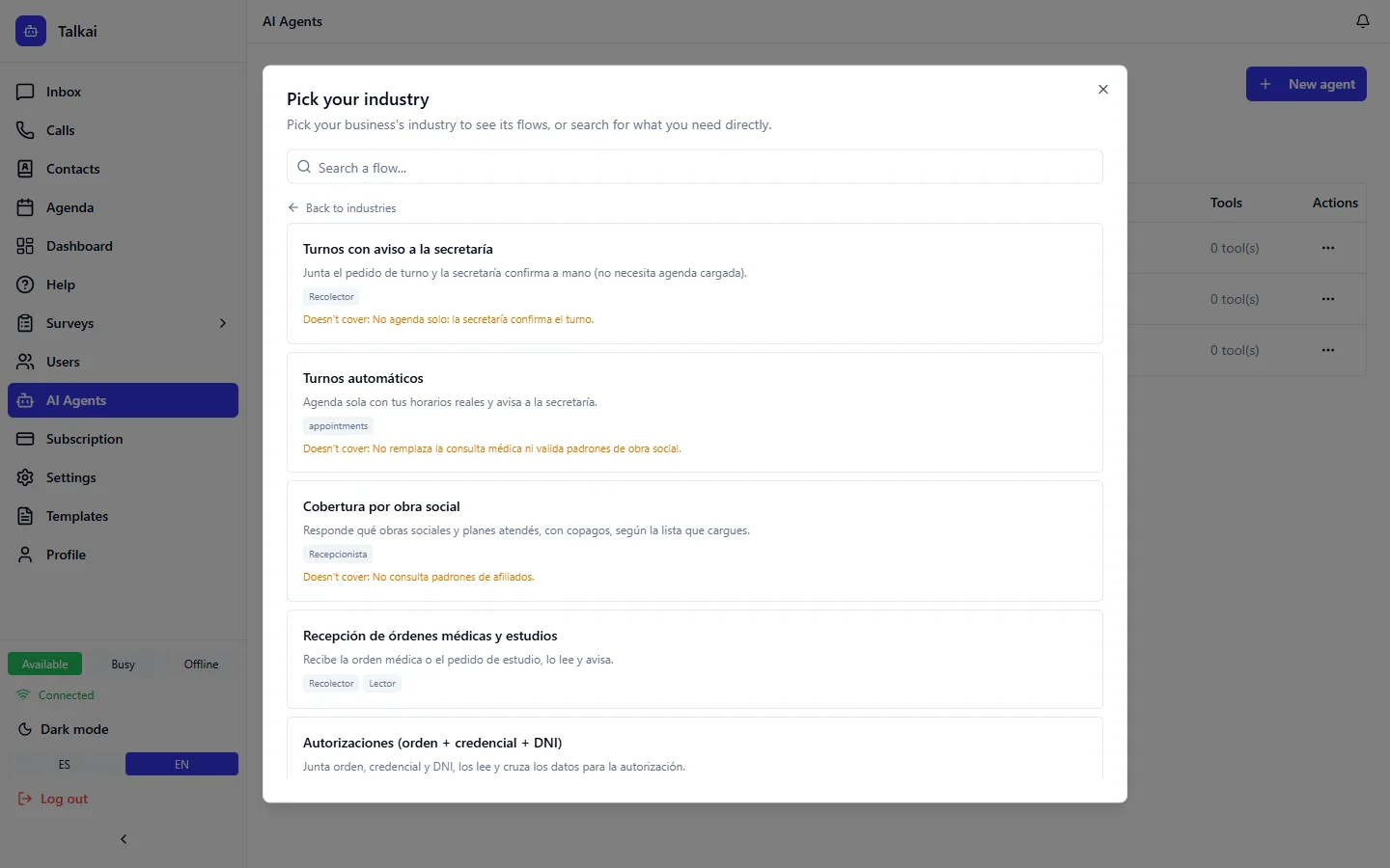 Agent template gallery by industry (Health) inside the template library.