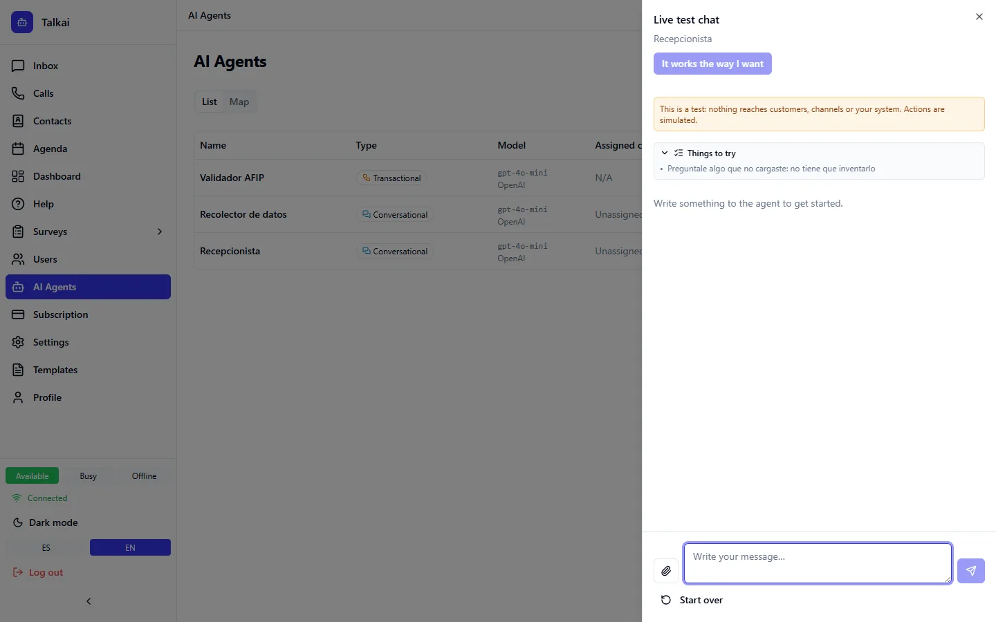 Agent test chat panel, shown before activating the agent.
