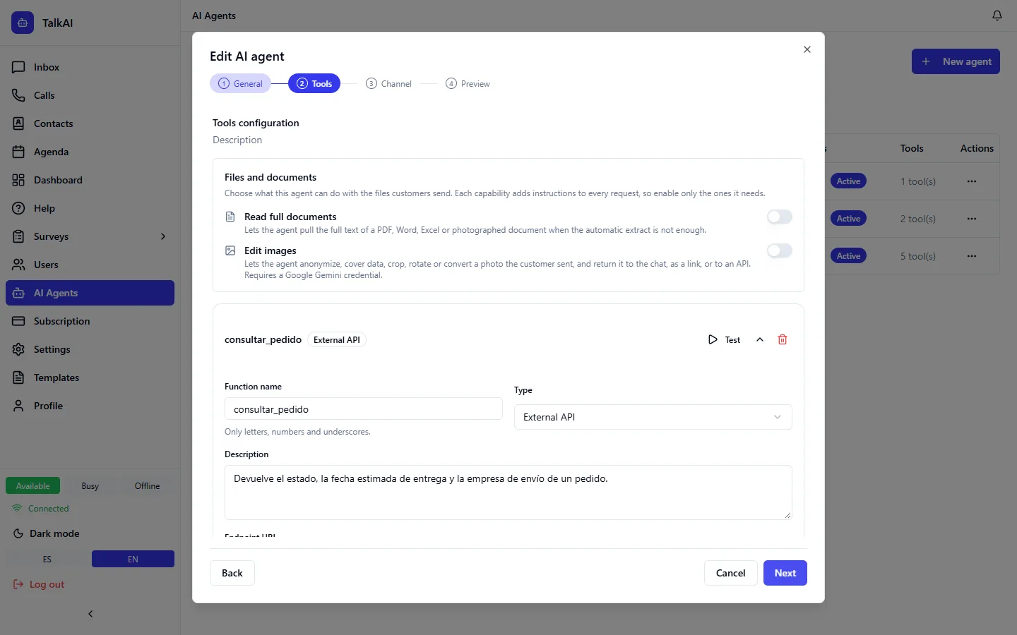 Agent editor with the switches to transfer to and consult other agents.