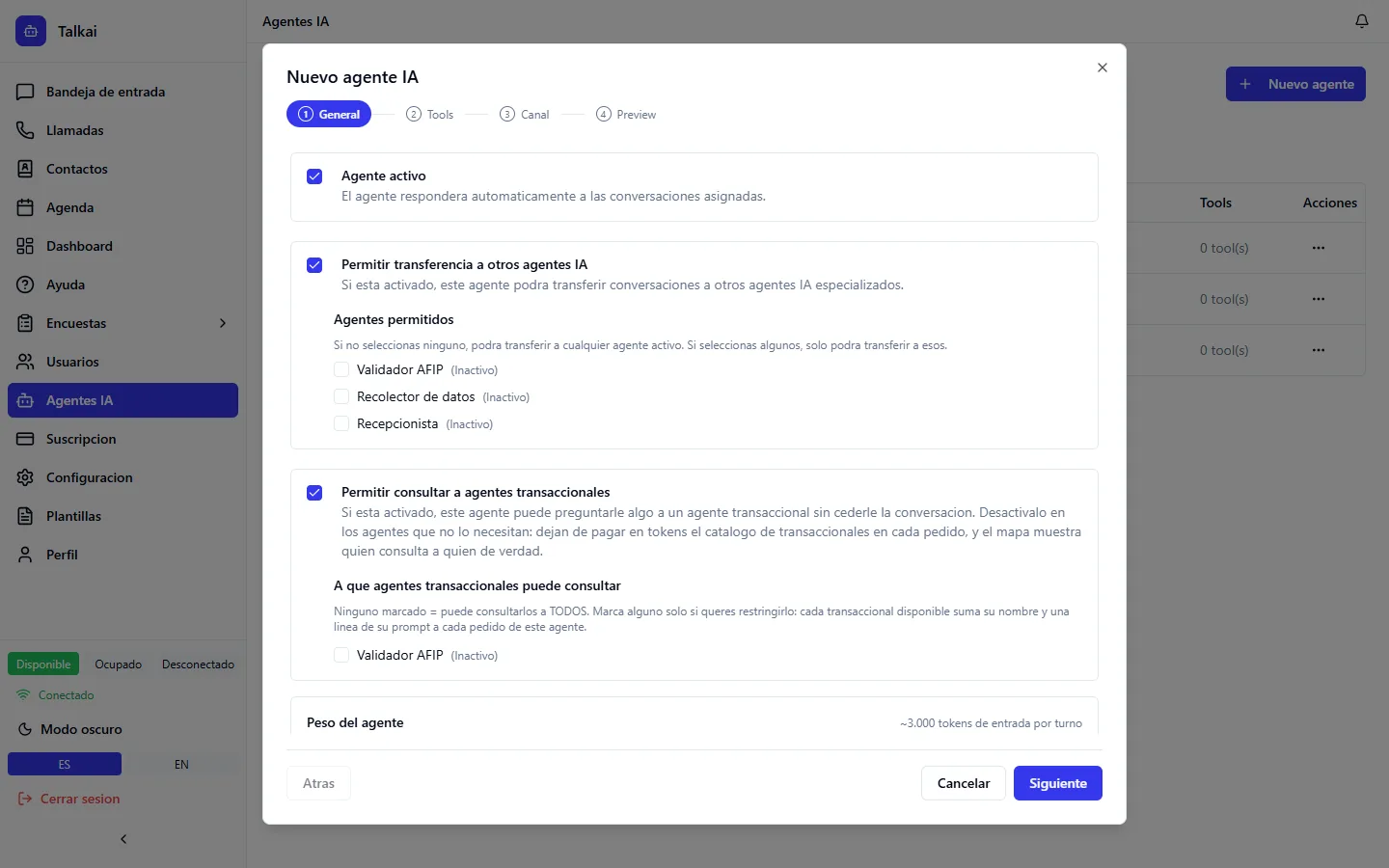 Editor de agente con los interruptores para transferir y consultar a otros agentes.