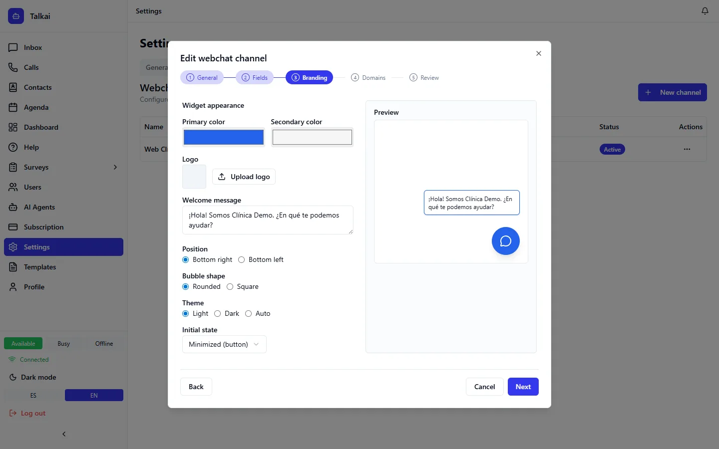 Webchat channel setup in Channels.