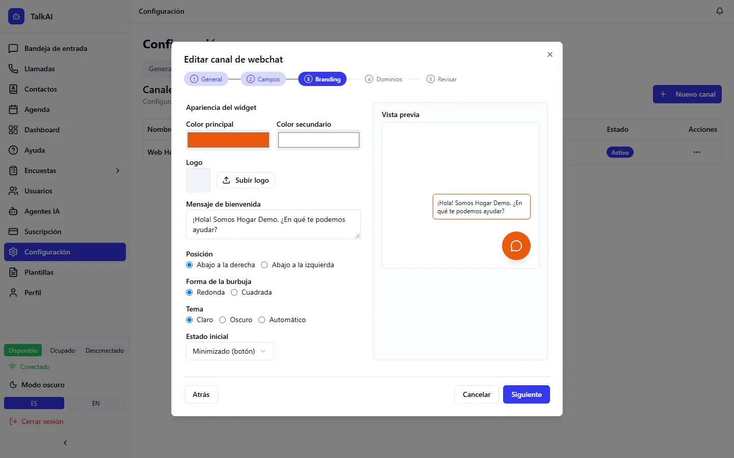 Configuración de un canal de Webchat en Canales.