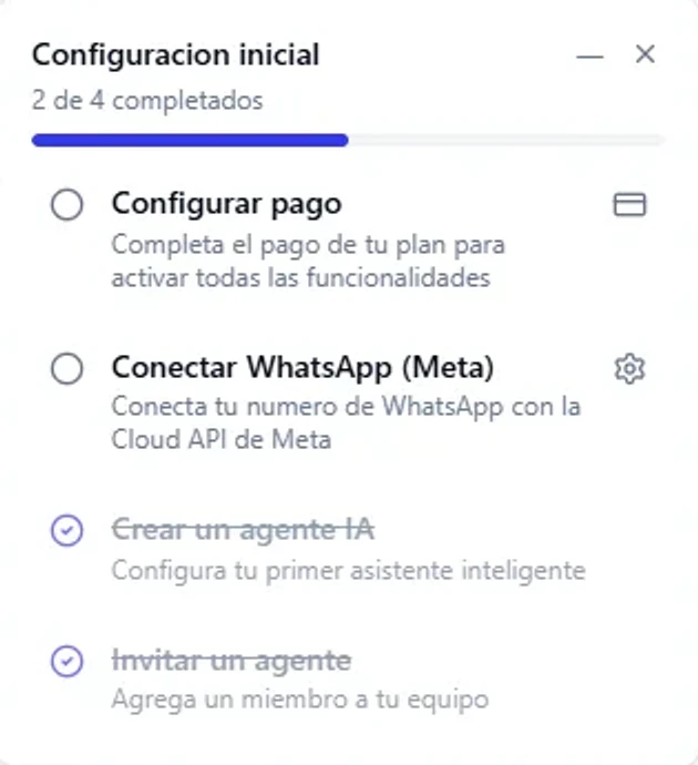 Panel de configuración inicial con los cuatro pasos (pago, WhatsApp, agente de IA y equipo), dos de ellos completos.