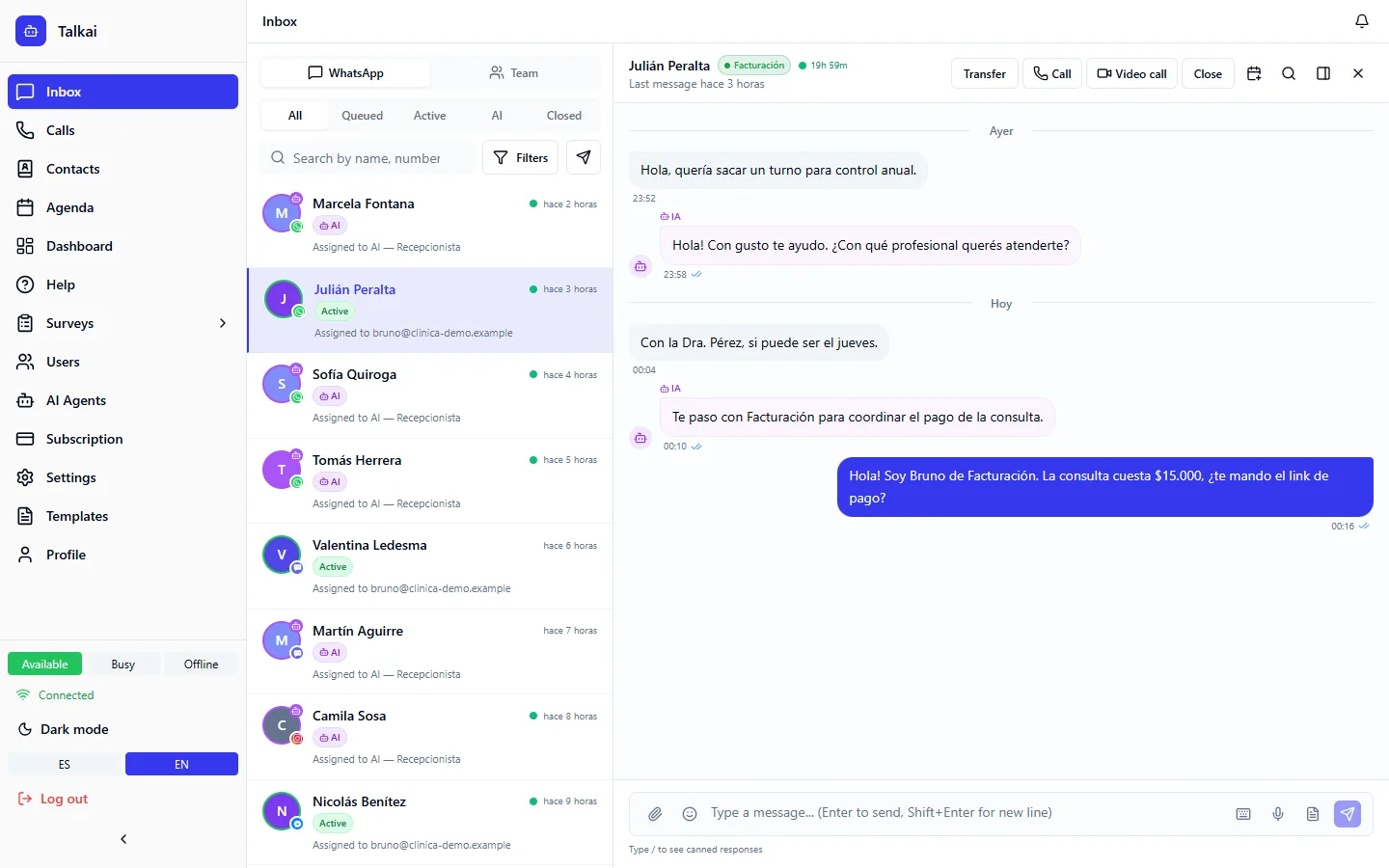 Inbox with conversations from several channels and an open chat where the AI replied and then a person did.