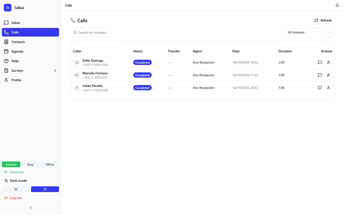 Call history with caller, status, agent, date and duration.