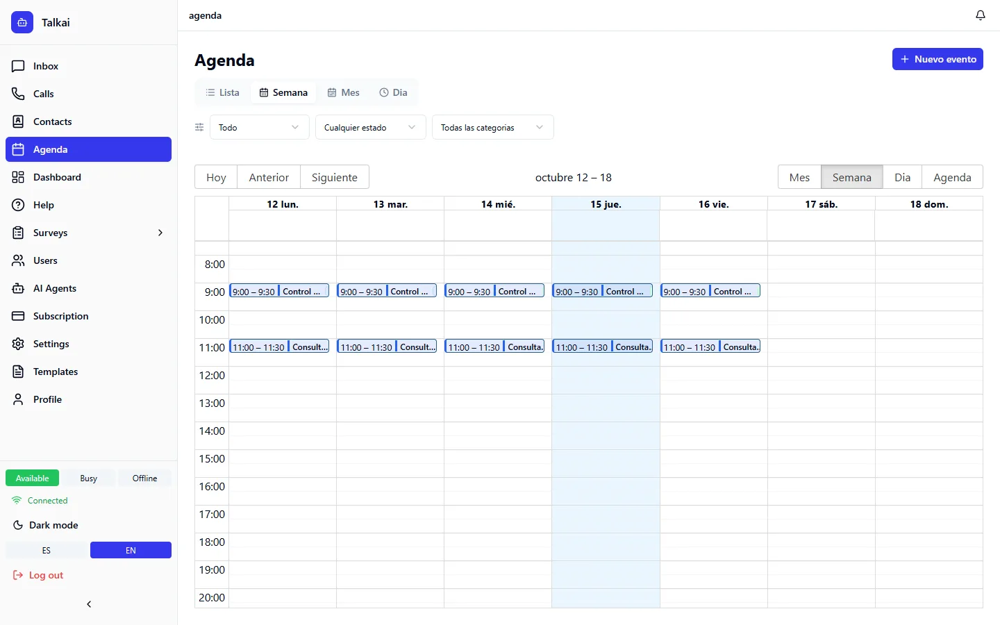 Weekly calendar view with the week's appointments (check-ups and consultations at 9:00 and 11:00).