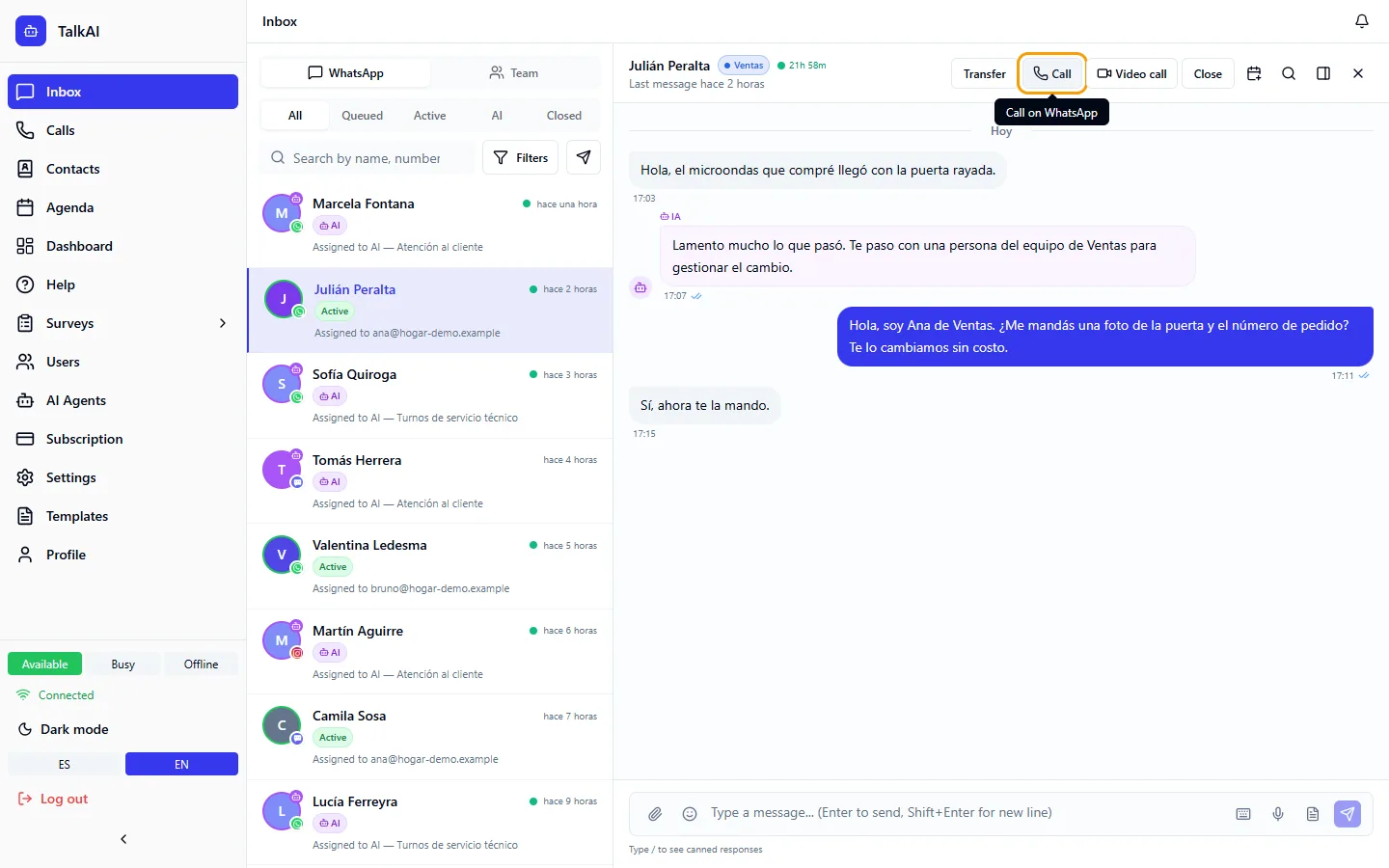 WhatsApp conversation header with the call button highlighted.