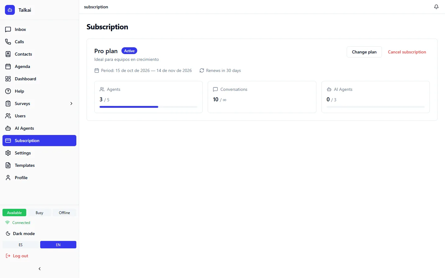 Subscription screen showing the available plans and the active Pro plan.